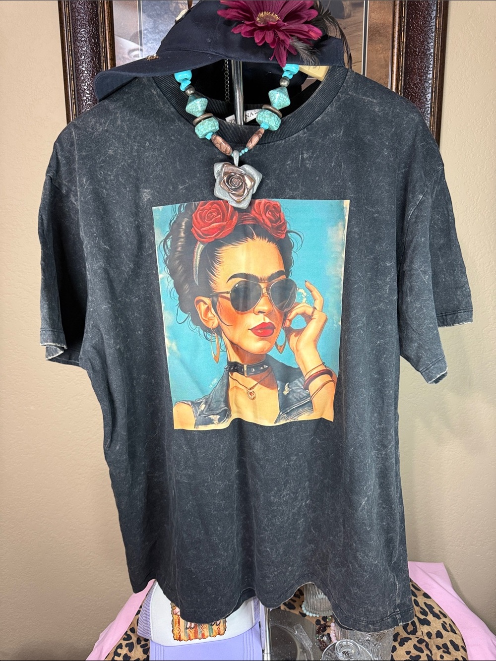 Zenana Outfitters acid wash Black Graphic Tee with “Frida” Artwork
